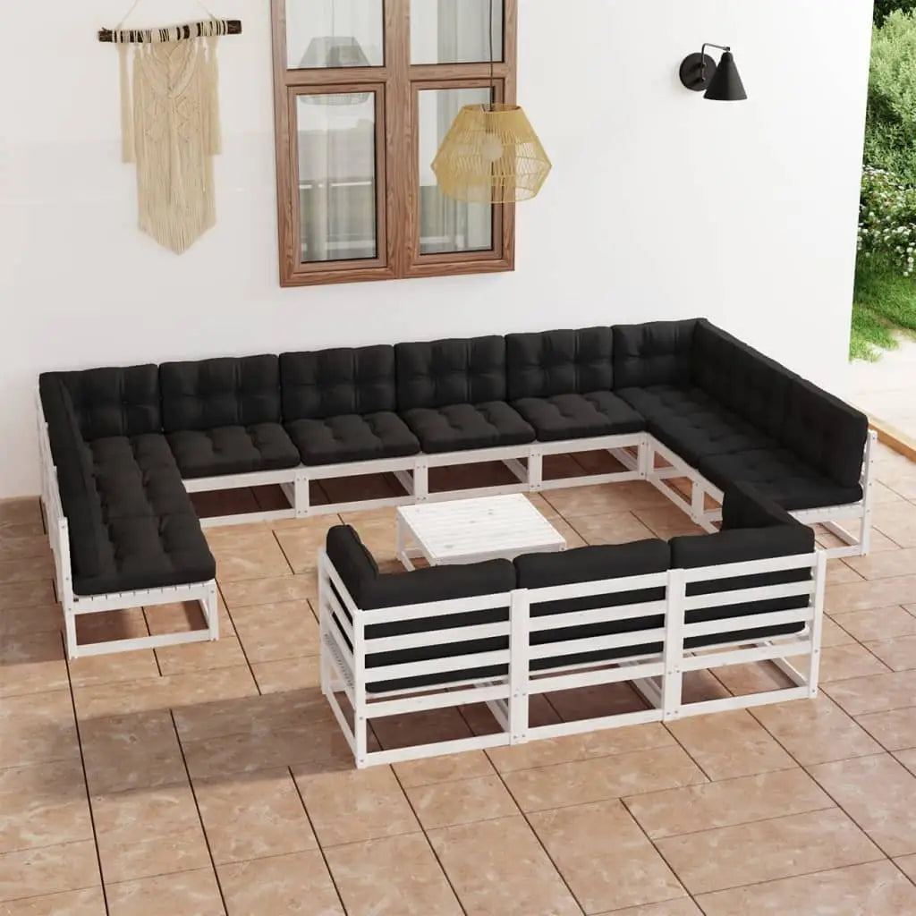 14 - tlg. Garten - Lounge - Set mit Kissen Weiß Massivholz