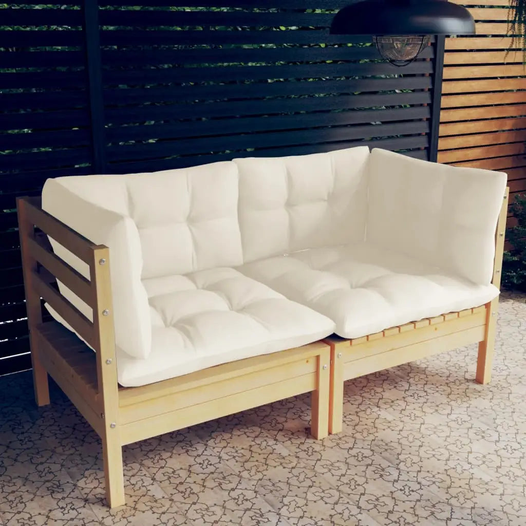 2 - Sitzer - Gartensofa mit Creme Kissen Massivholz Kiefer