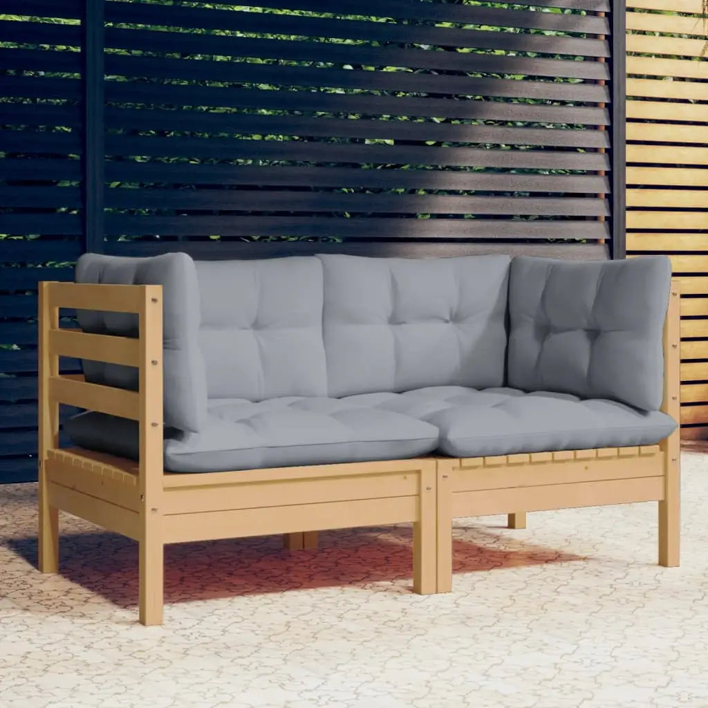 2 - Sitzer - Gartensofa mit Grauen Kissen Massivholz Kiefer