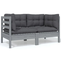 2 - Sitzer - Gartensofa mit Kissen Grau Massivholz Kiefer