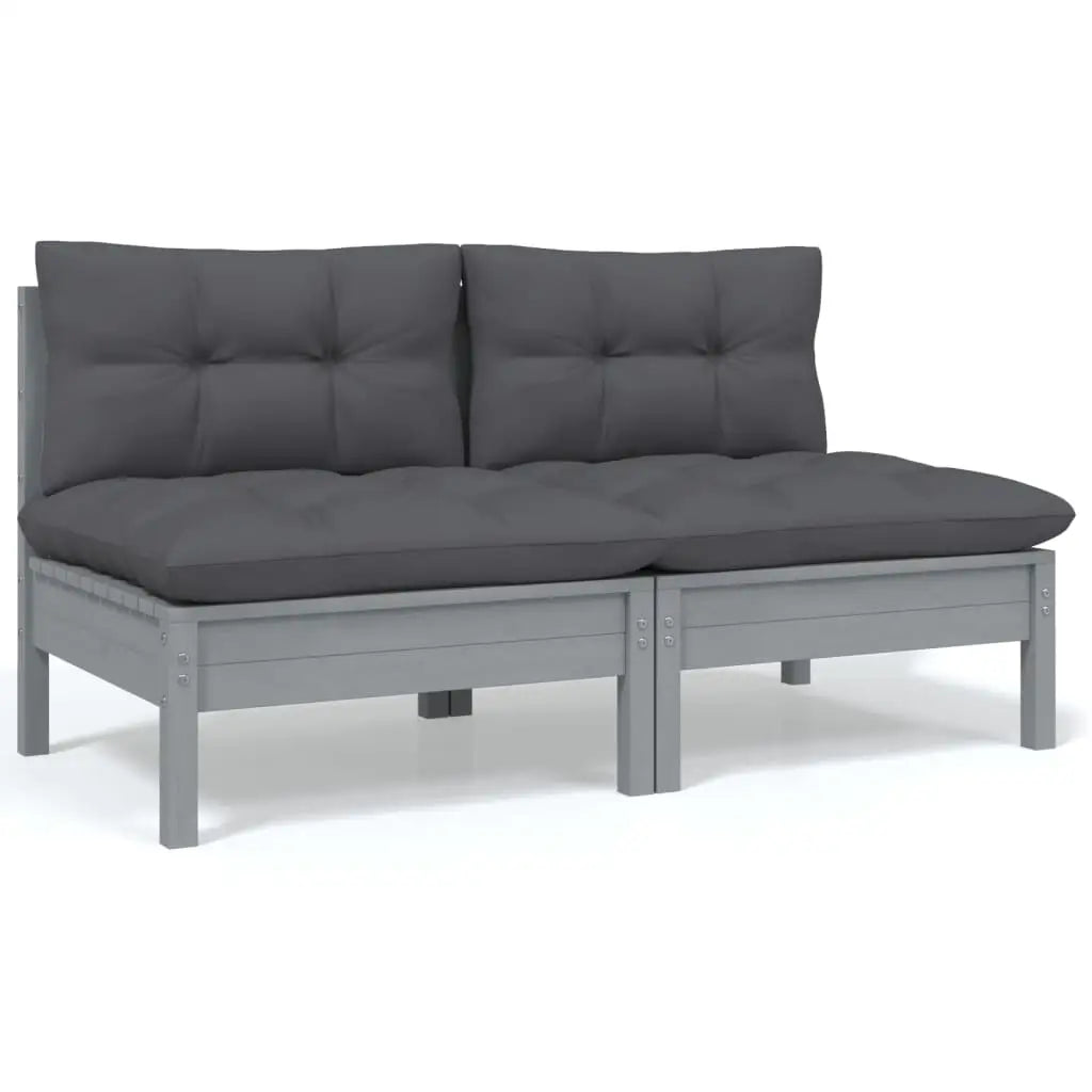 2 - Sitzer - Gartensofa mit Kissen Grau Massivholz Kiefer