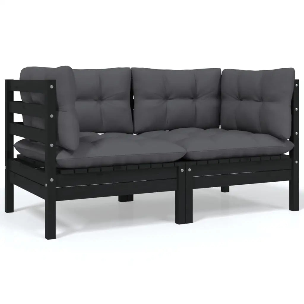 2 - Sitzer - Gartensofa mit Kissen Schwarz Massivholz