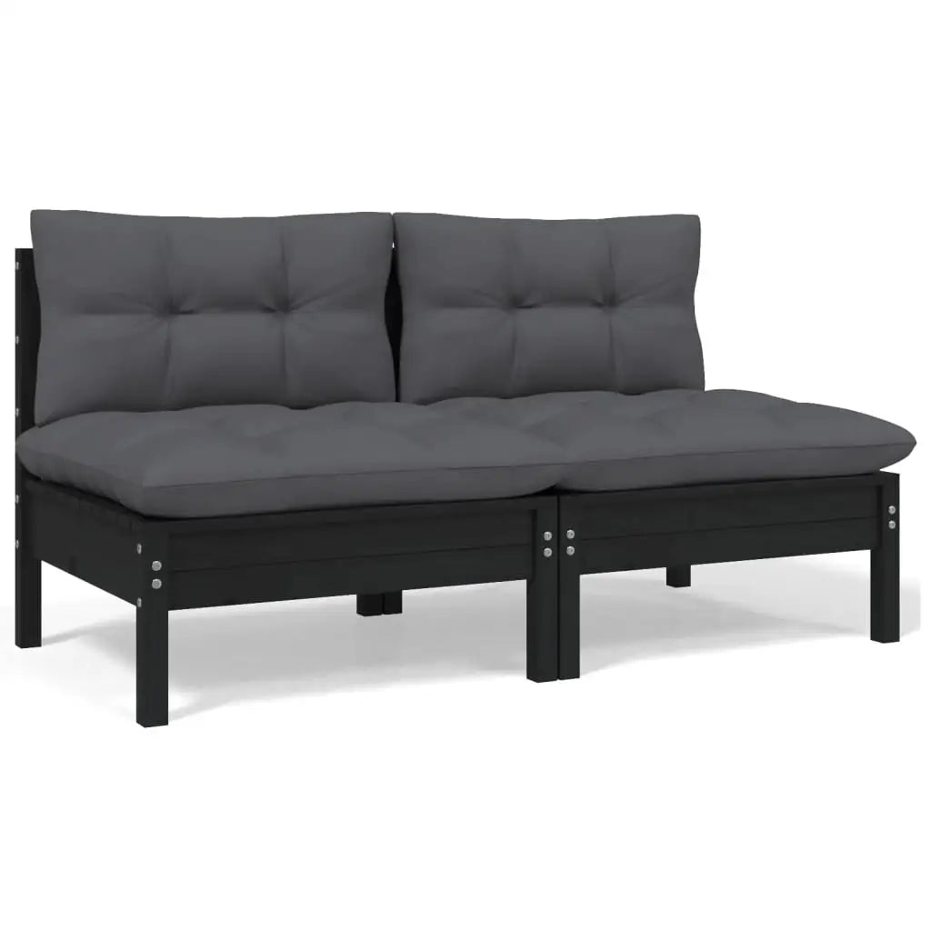 2 - Sitzer - Gartensofa mit Kissen Schwarz Massivholz