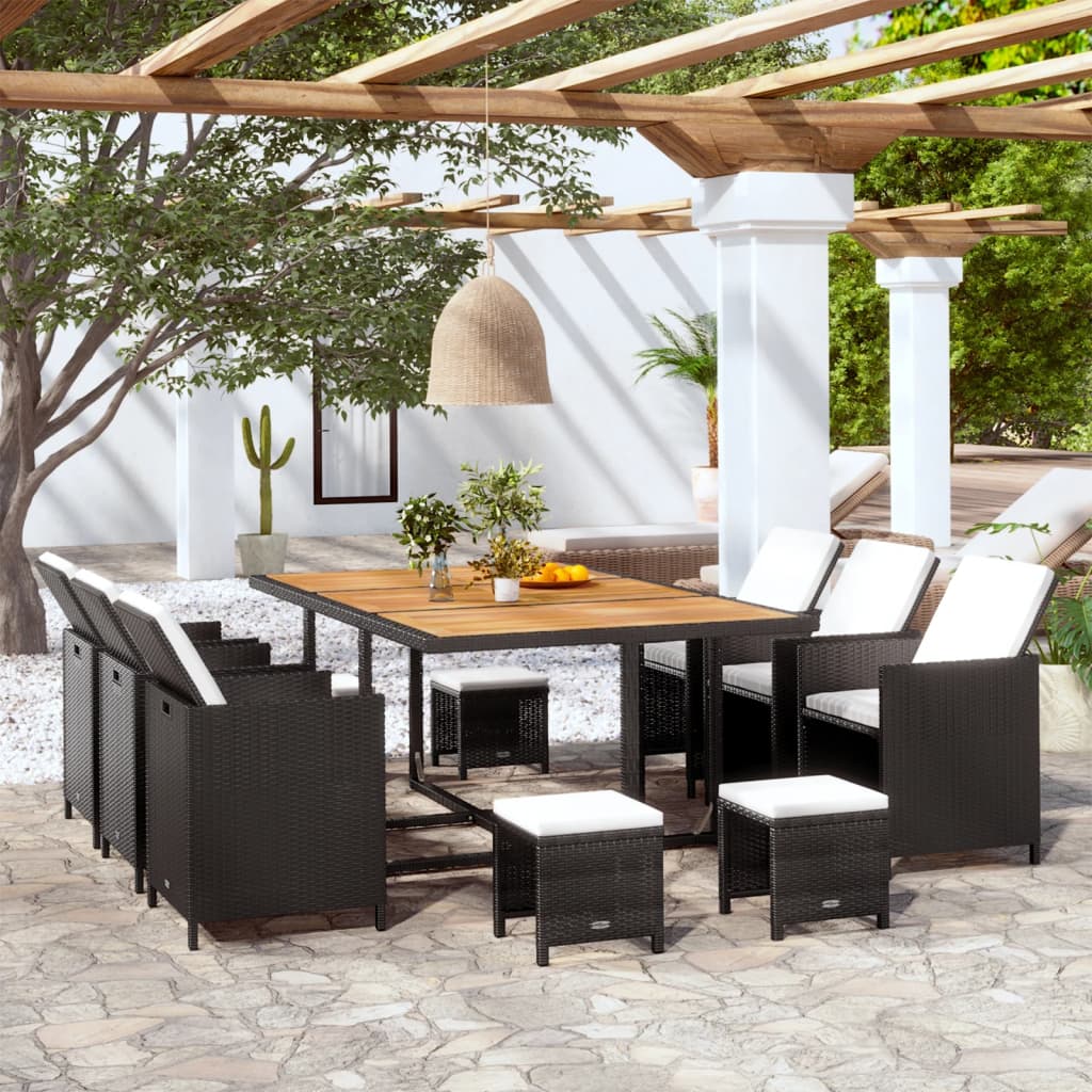 11-tlg. Garten-Essgruppe mit Auflagen Poly Rattan Schwarz
