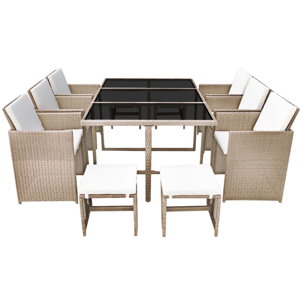 11-tlg. Garten-Essgruppe mit Auflagen Poly Rattan Beige
