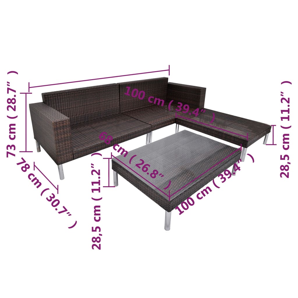 4-tlg. Garten-Lounge-Set mit Auflagen Poly Rattan Braun