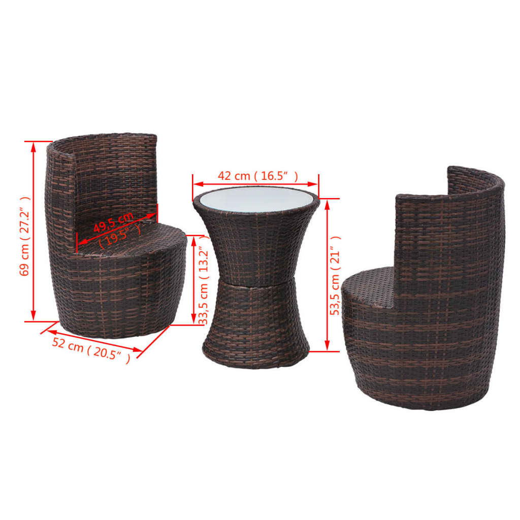 3-tlg. Bistro-Set mit Auflagen Poly Rattan Braun