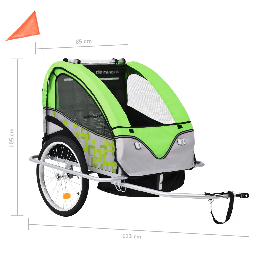 2-in-1 Fahrradanhänger und Kinderwagen Grün und Grau