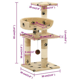 vidaXL Katzen-Kratzbaum mit Sisal-Säulen 65 cm Pfoten-Aufdruck Beige