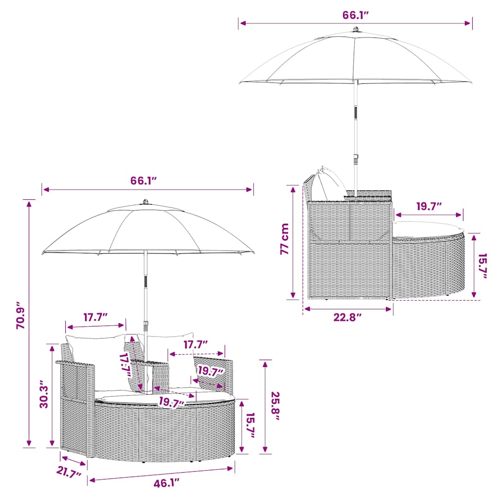 Gartenbett mit Sonnenschirm Grau Poly Rattan