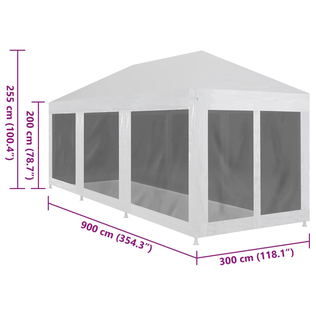 Partyzelt mit 8 Mesh-Seitenwänden 9 x 3 m
