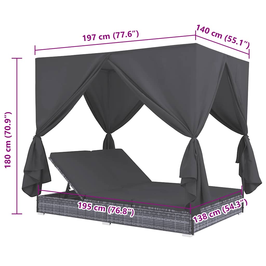 Outdoor-Lounge-Bett mit Vorhängen Poly Rattan Grau