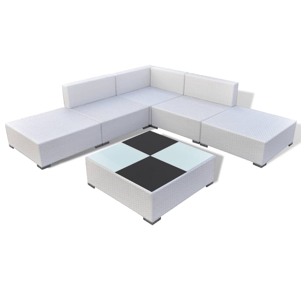 6-tlg. Garten-Lounge-Set mit Auflagen Poly Rattan Weiß