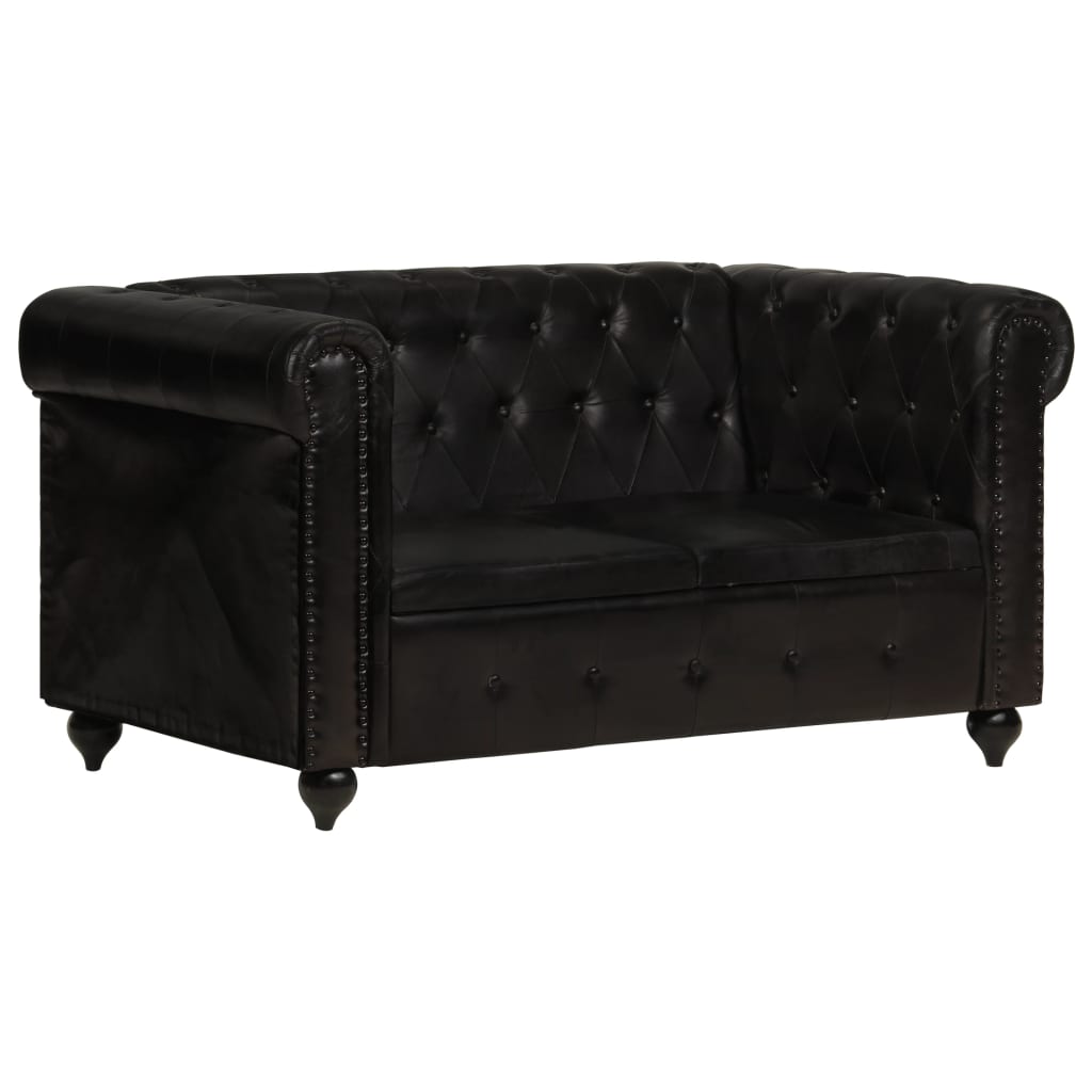 Chesterfield-Sofa 2-Sitzer Schwarz Echtleder