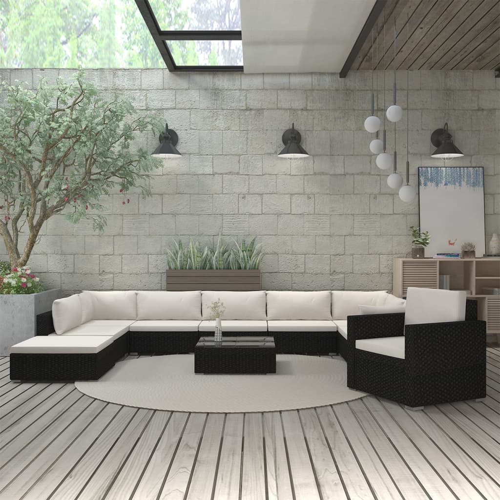 11-tlg. Garten-Lounge-Set mit Auflagen Poly Rattan