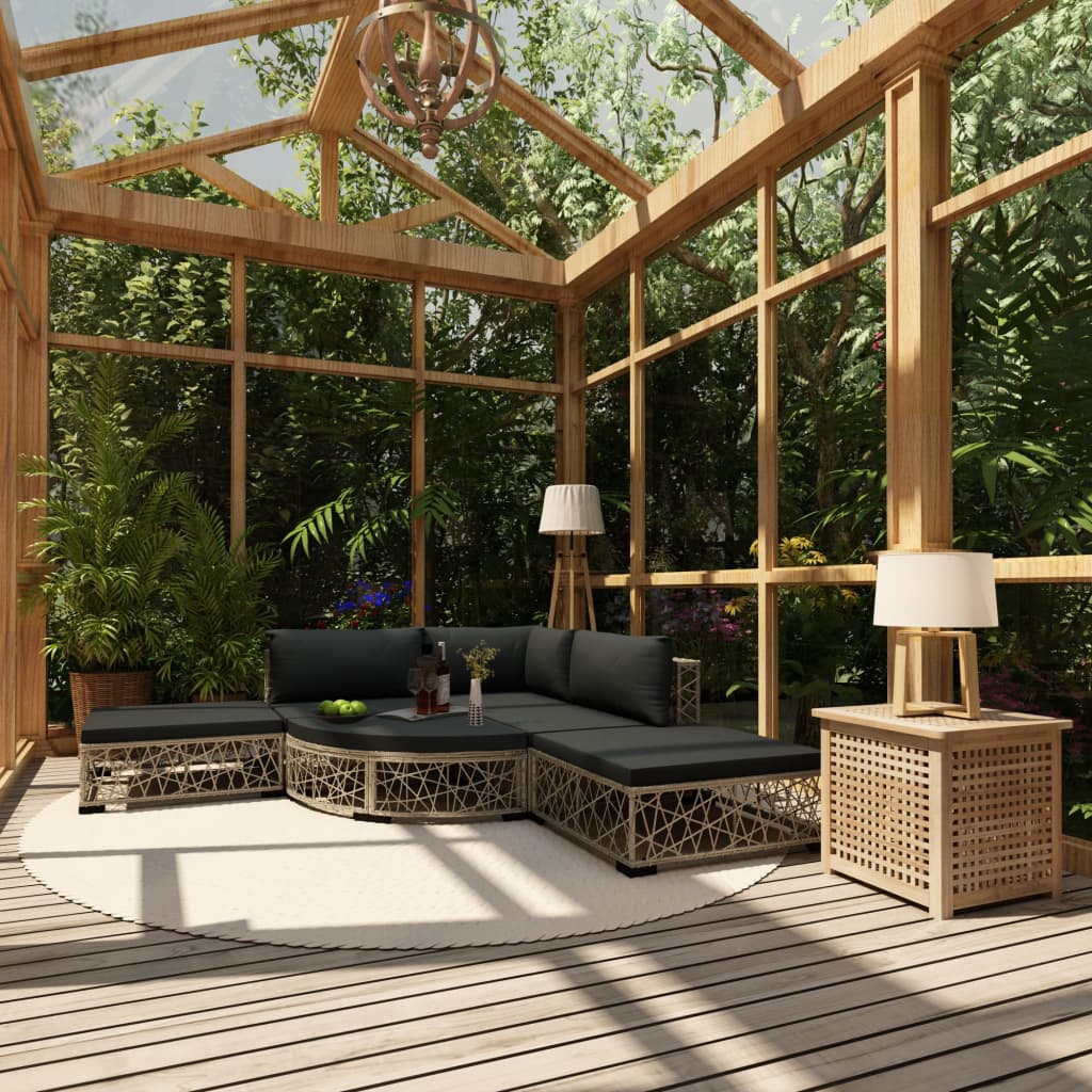 6-tlg. Garten-Lounge-Set mit Kissen Poly Rattan Grau
