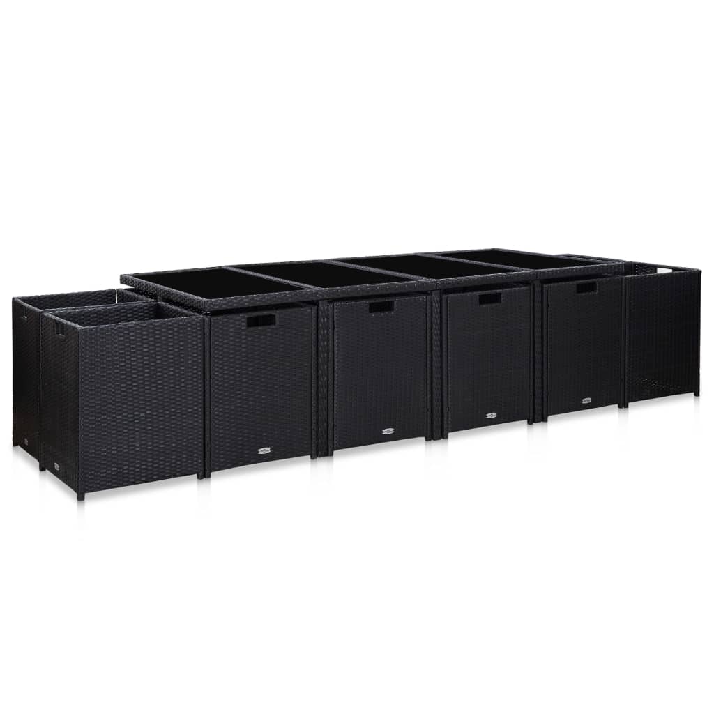13-tlg. Garten-Essgruppe mit Auflagen Poly Rattan Schwarz