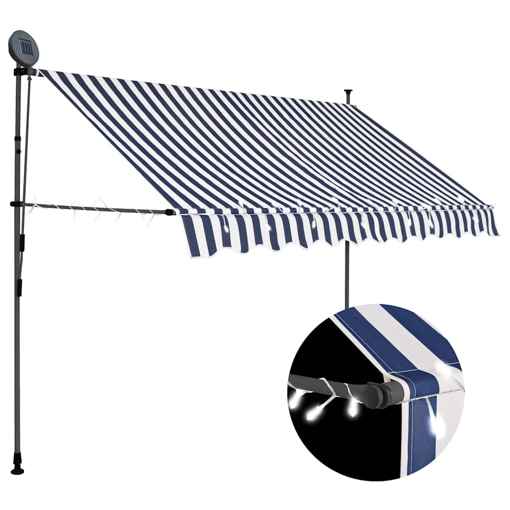 Einziehbare Markise Handbetrieben mit LED 300 cm Blau und Weiß