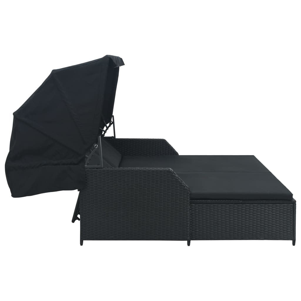 2-Personen-Sonnenliege mit Sonnendach Poly Rattan Schwarz