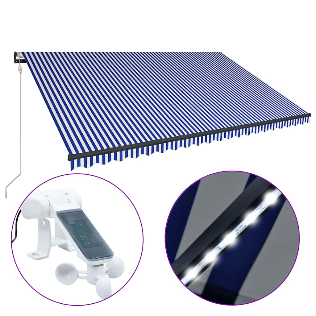 Markise mit Windsensor & LED 500x300cm Blau und Weiß