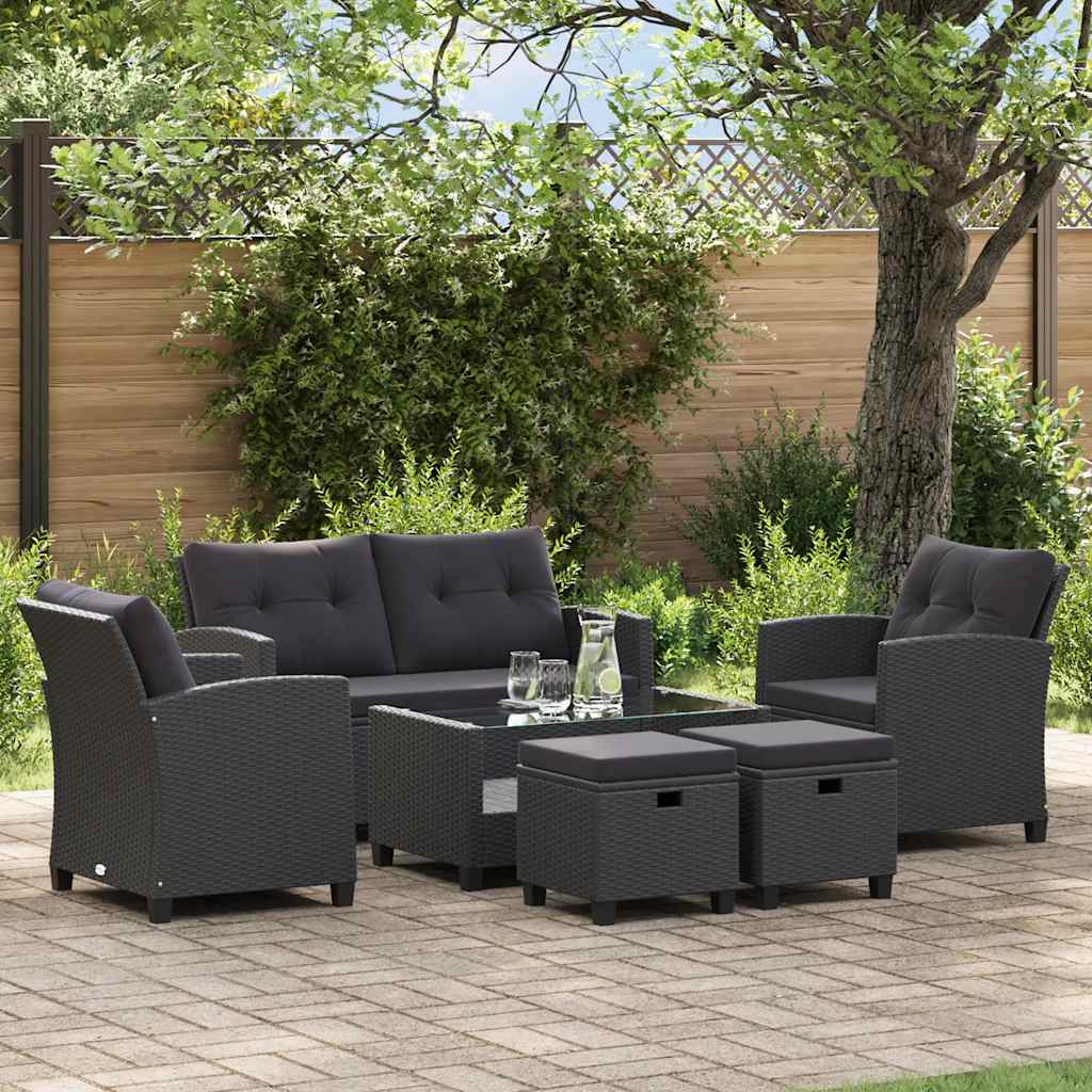 6-tlg. Garten-Sofagarnitur mit Auflagen Poly Rattan Schwarz