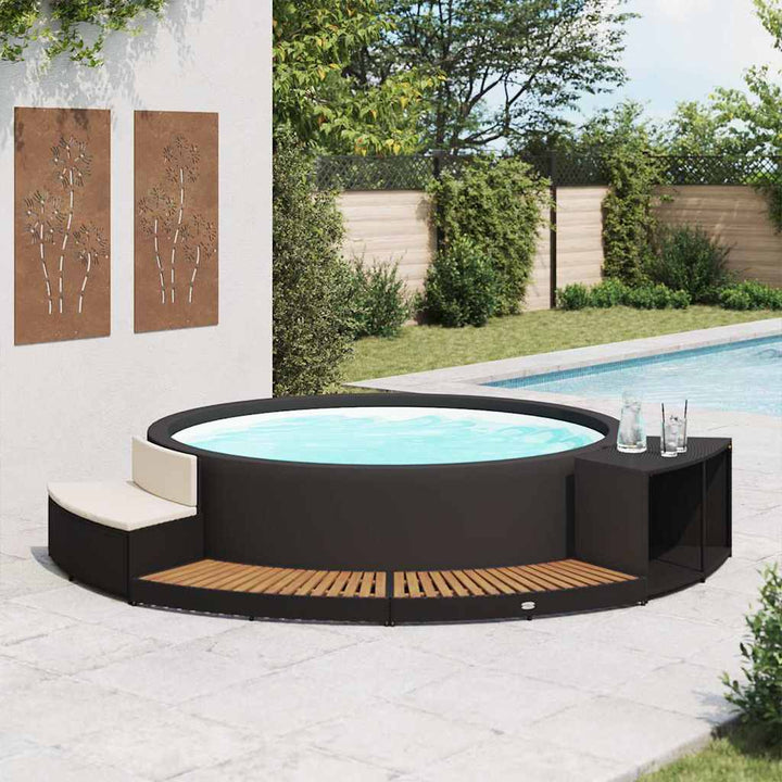 Whirlpool-Umrandung Schwarz Poly Rattan & Massivholz Akazie