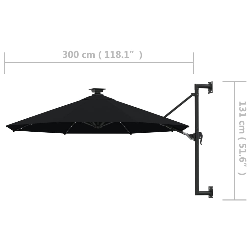 Sonnenschirm zur Wandmontage mit LEDs 300 cm Schwarz