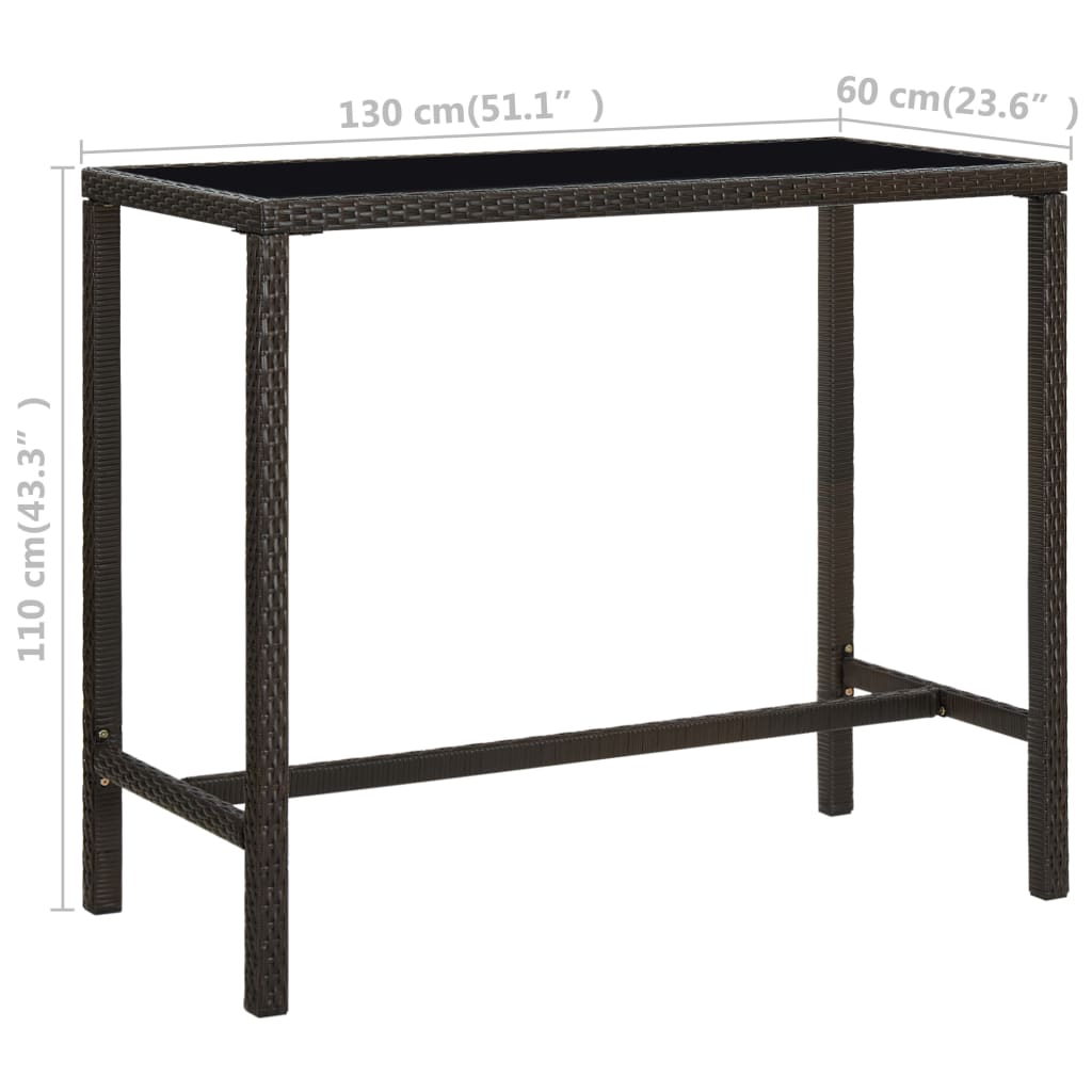 Garten-Bartisch Braun 130x60x110 cm Poly Rattan und Glas