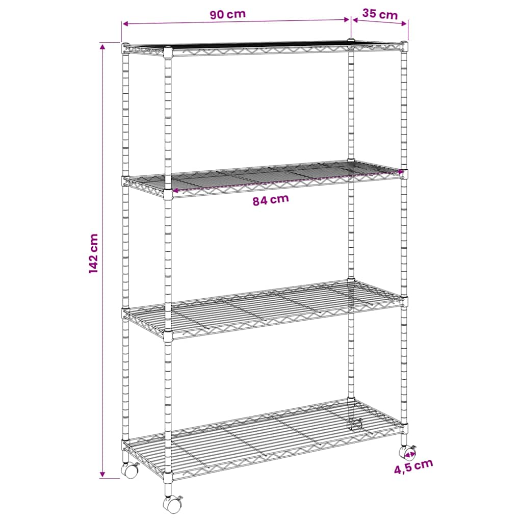 Lagerregal mit 4 Böden und Rollen 90x35x142 cm Schwarz 200 kg