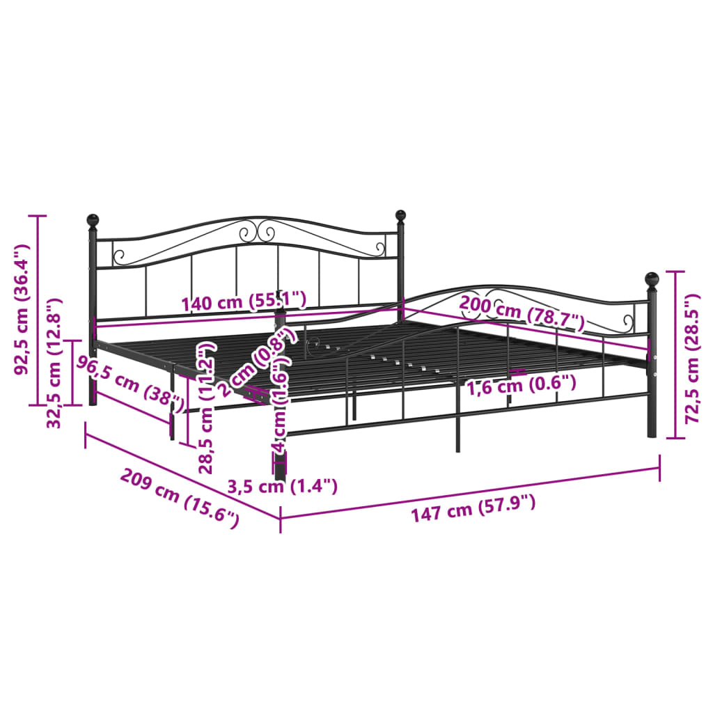 Bett Schwarz Metall 140x200 cm