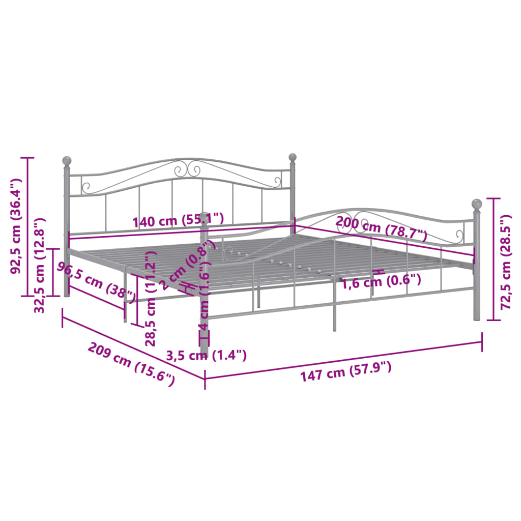 Bett Grau Metall 140x200 cm