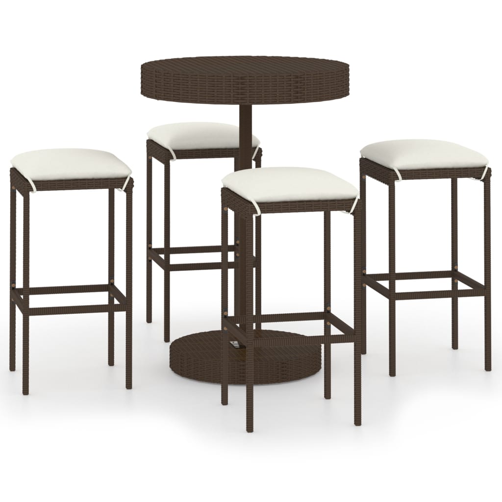 5-tlg. Gartenbar-Set mit Kissen Poly Rattan Braun