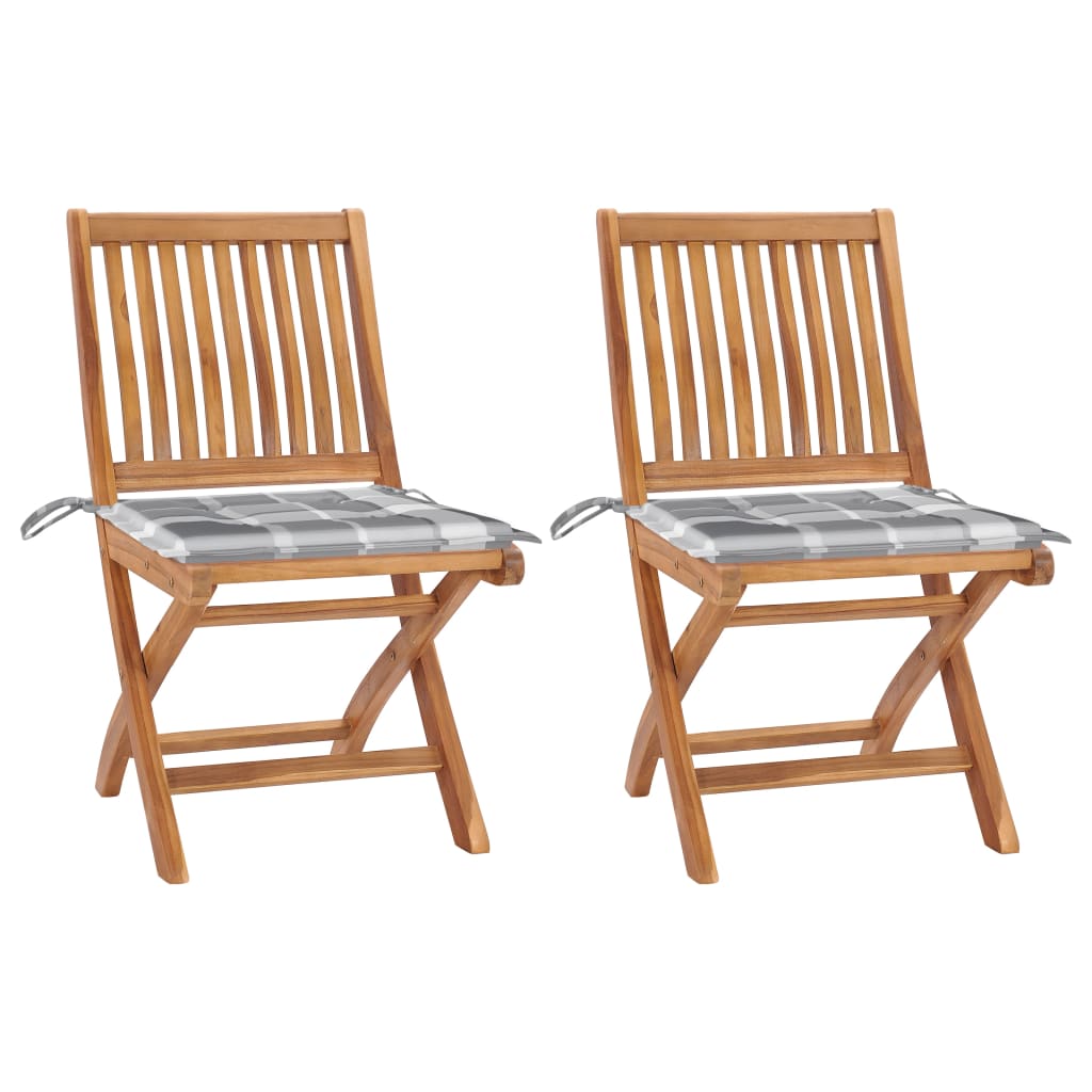 Gartenstühle 2 Stk. Graue Karomuster-Kissen Massivholz Teak