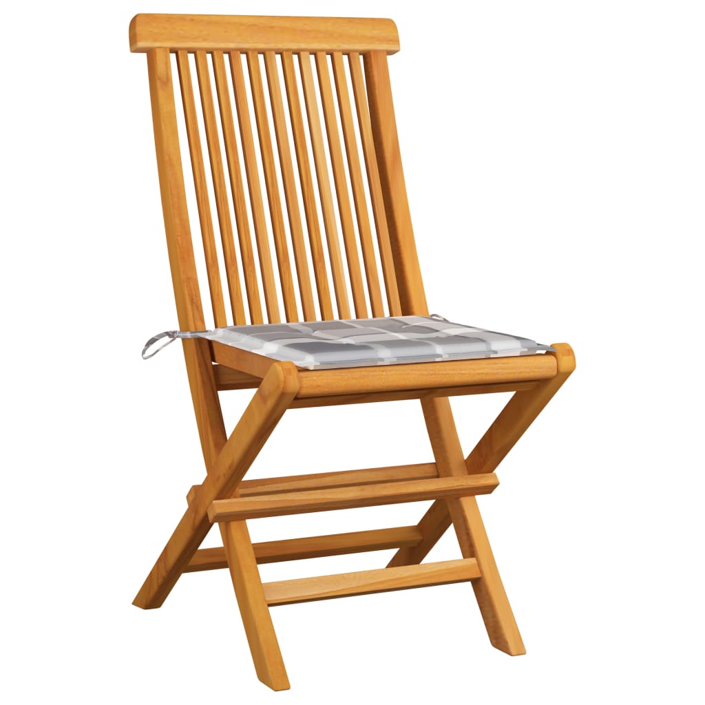 Gartenstühle Graue Karomuster-Kissen 2 Stk. Massivholz Teak