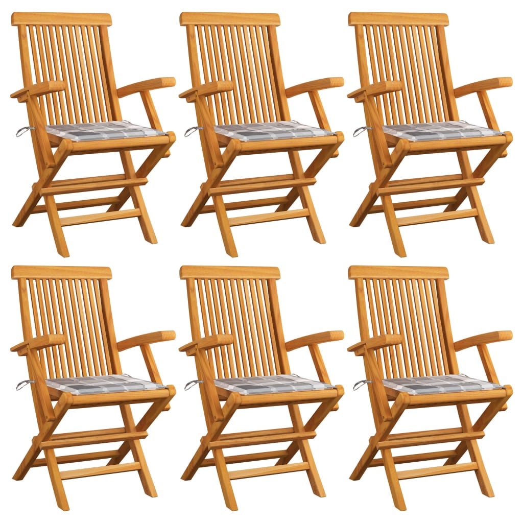 Gartenstühle Graue Karomuster-Kissen 6 Stk. Massivholz Teak