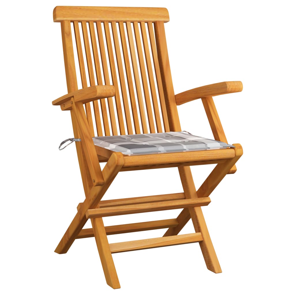 Gartenstühle Graue Karomuster-Kissen 6 Stk. Massivholz Teak