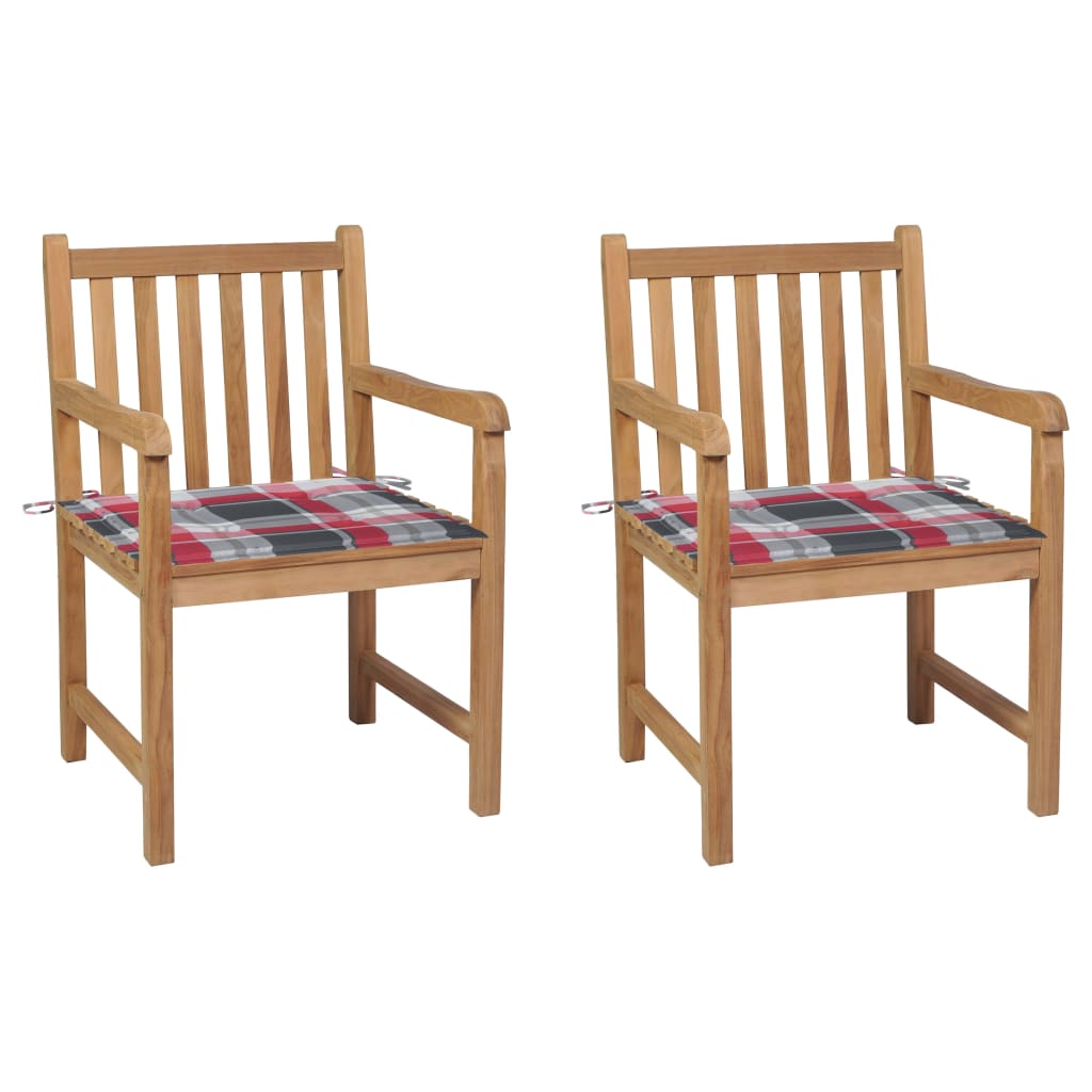 Gartenstühle 2 Stk. Rote Karomuster-Kissen Massivholz Teak