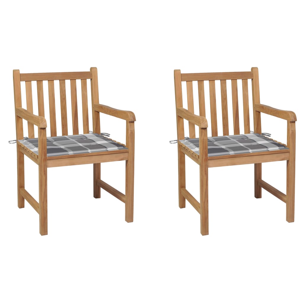 Gartenstühle 2 Stk. Graue Karomuster-Kissen Massivholz Teak