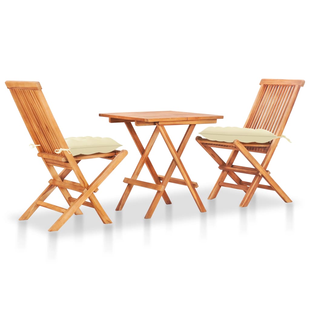 3-tlg. Bistro-Set mit Cremeweißen Kissen Massivholz Teak