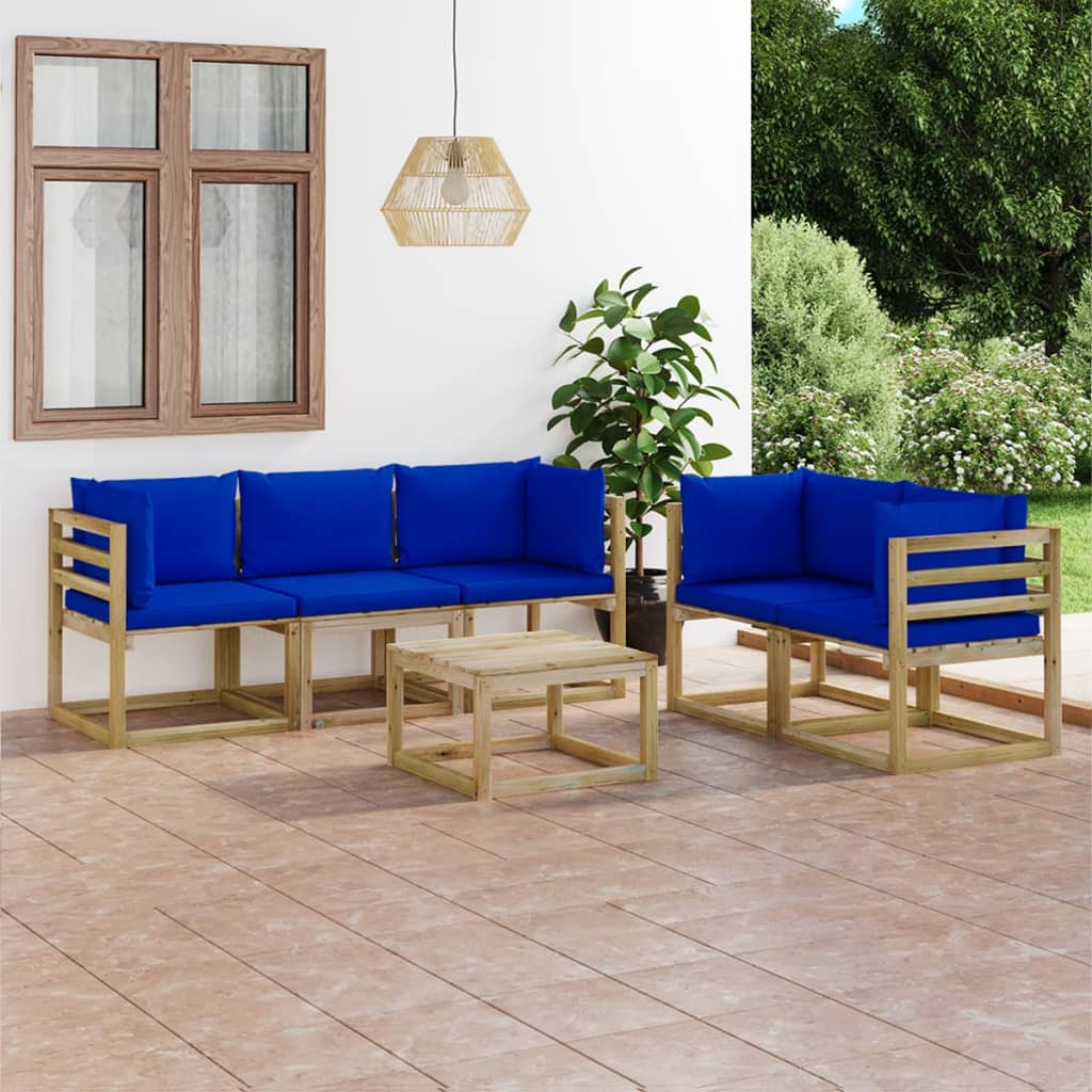 6-tlg. Garten-Lounge-Set mit Blauen Kissen