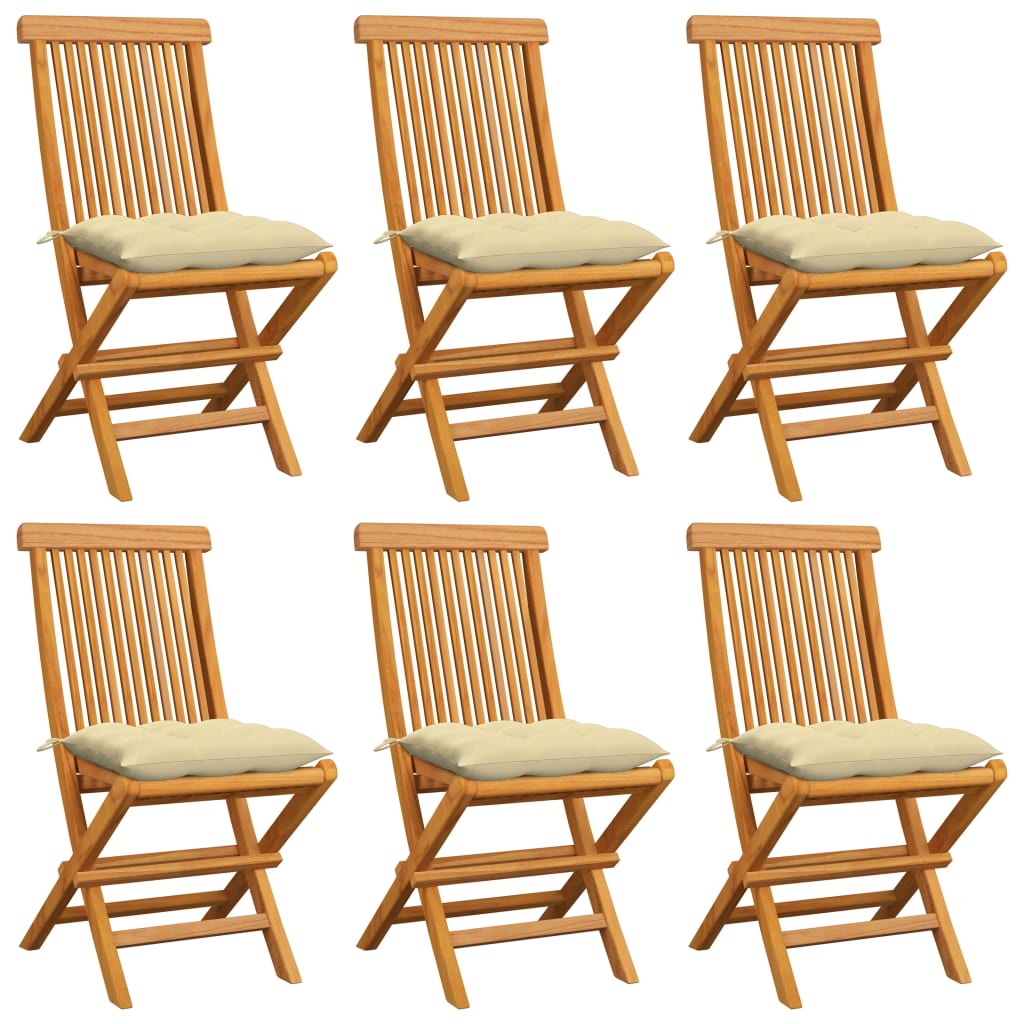 Gartenstühle mit Cremeweißen Kissen 6 Stk. Massivholz Teak