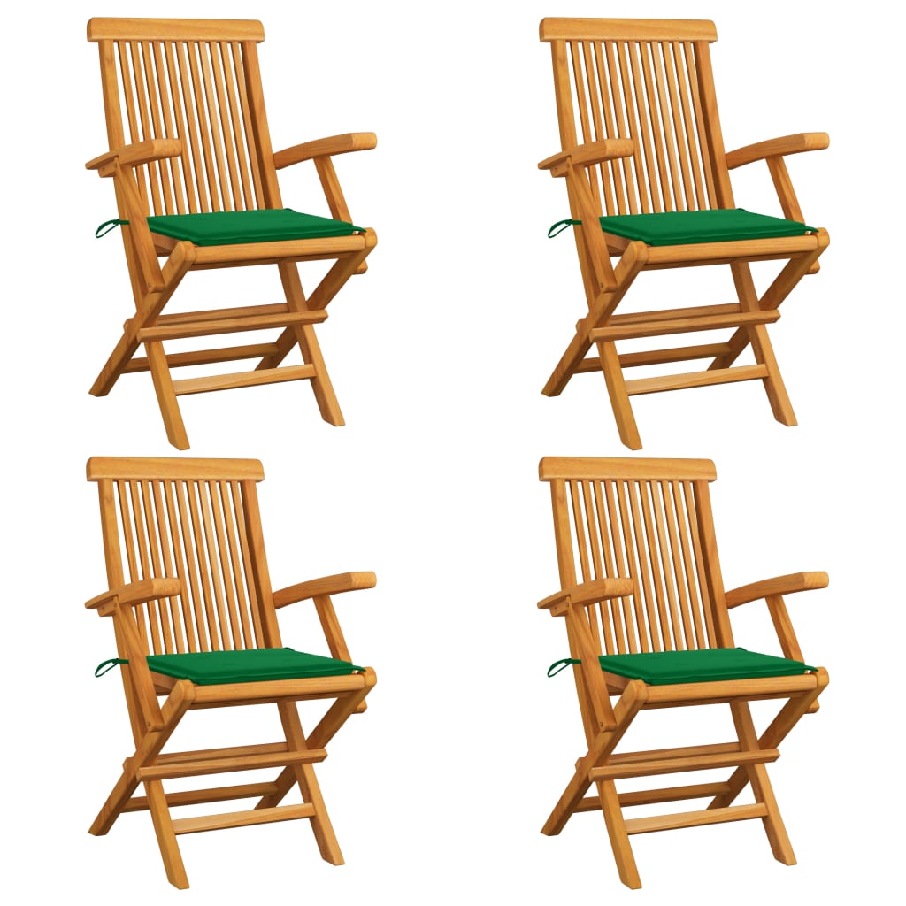 Gartenstühle mit Grünen Kissen 4 Stk. Massivholz Teak