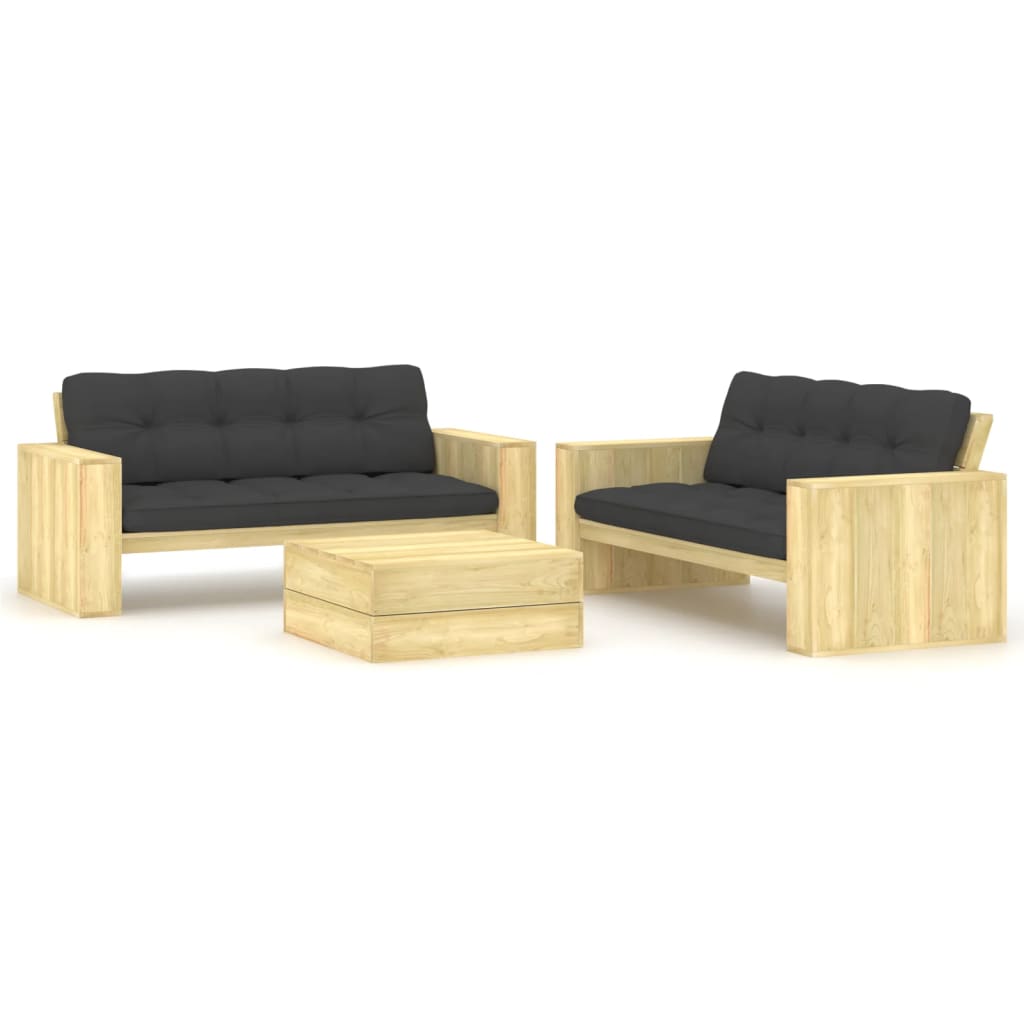 3-tlg. Garten-Lounge-Set mit Kissen Kiefernholz Imprägniert