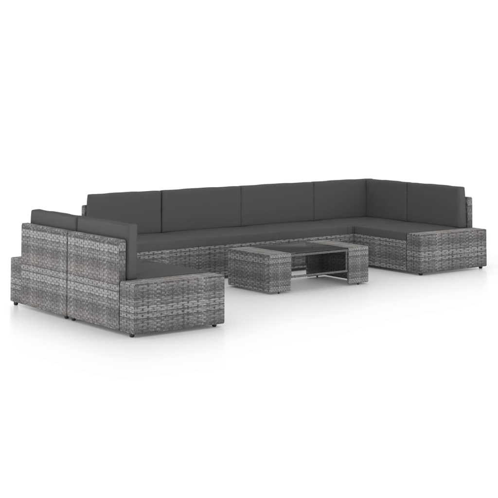 8-tlg. Garten-Lounge-Set mit Kissen Grau Poly Rattan