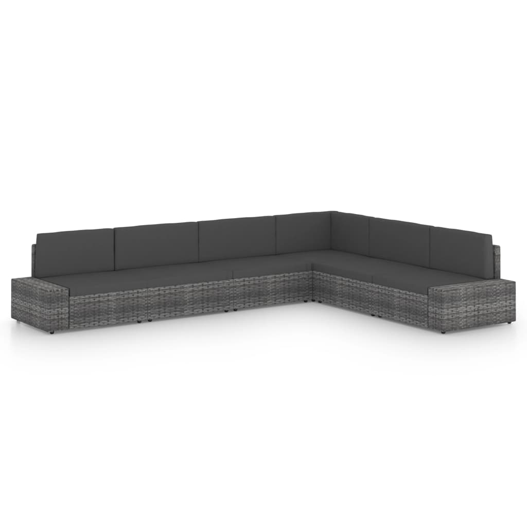 6-tlg. Garten-Lounge-Set mit Kissen Grau Poly Rattan