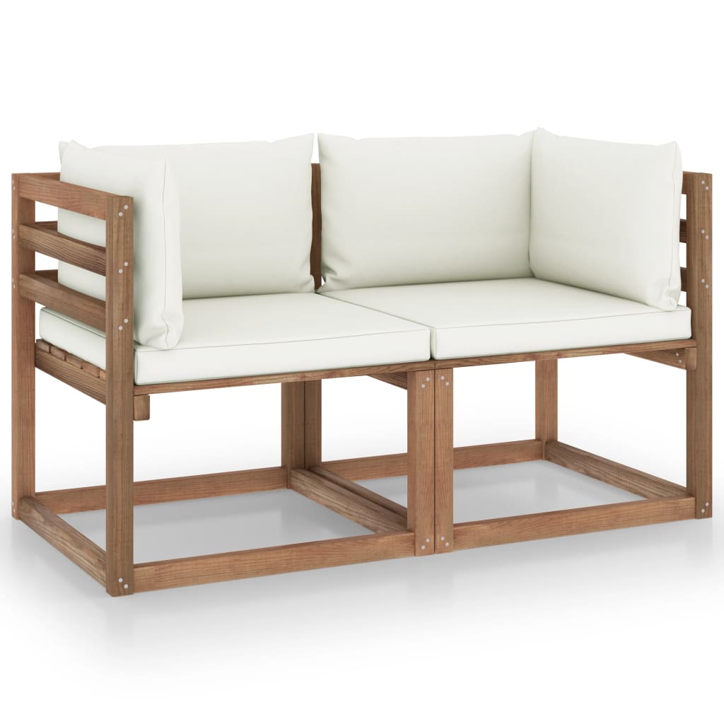 Garten-Palettensofa 2-Sitzer mit Kissen in Creme Kiefernholz