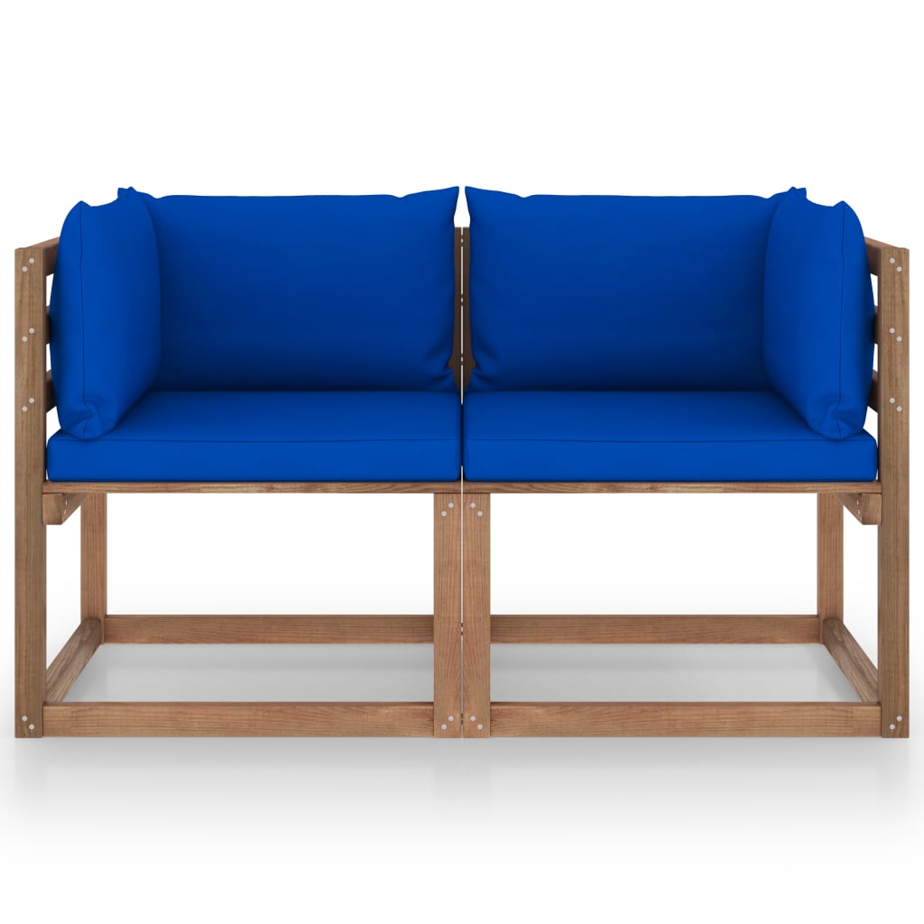 Garten-Palettensofa 2-Sitzer mit Kissen in Blau Kiefernholz