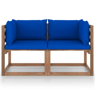 Garten-Palettensofa 2-Sitzer mit Kissen in Blau Kiefernholz