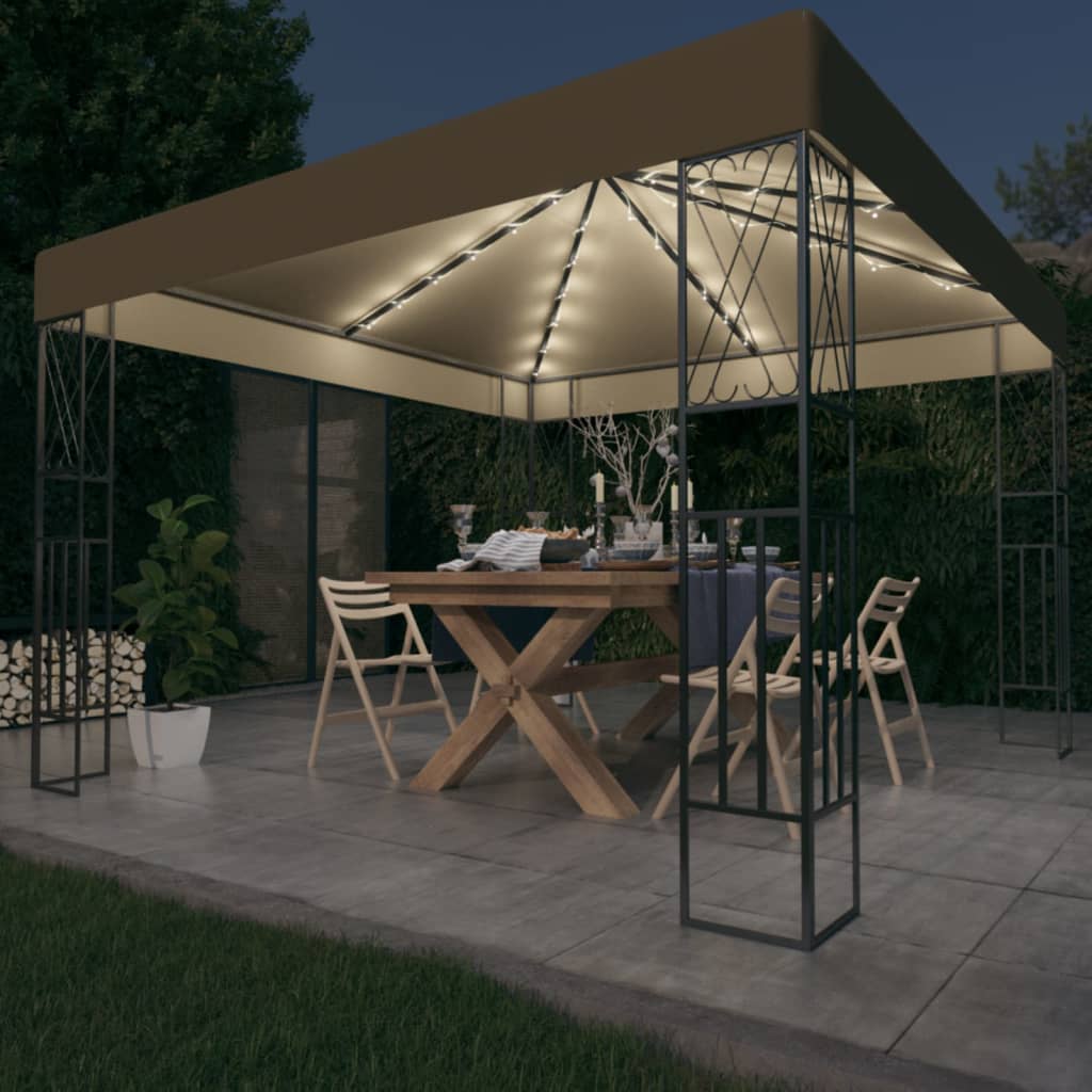 Pavillon mit LED-Lichterkette 3x3 m Taupe Stoff
