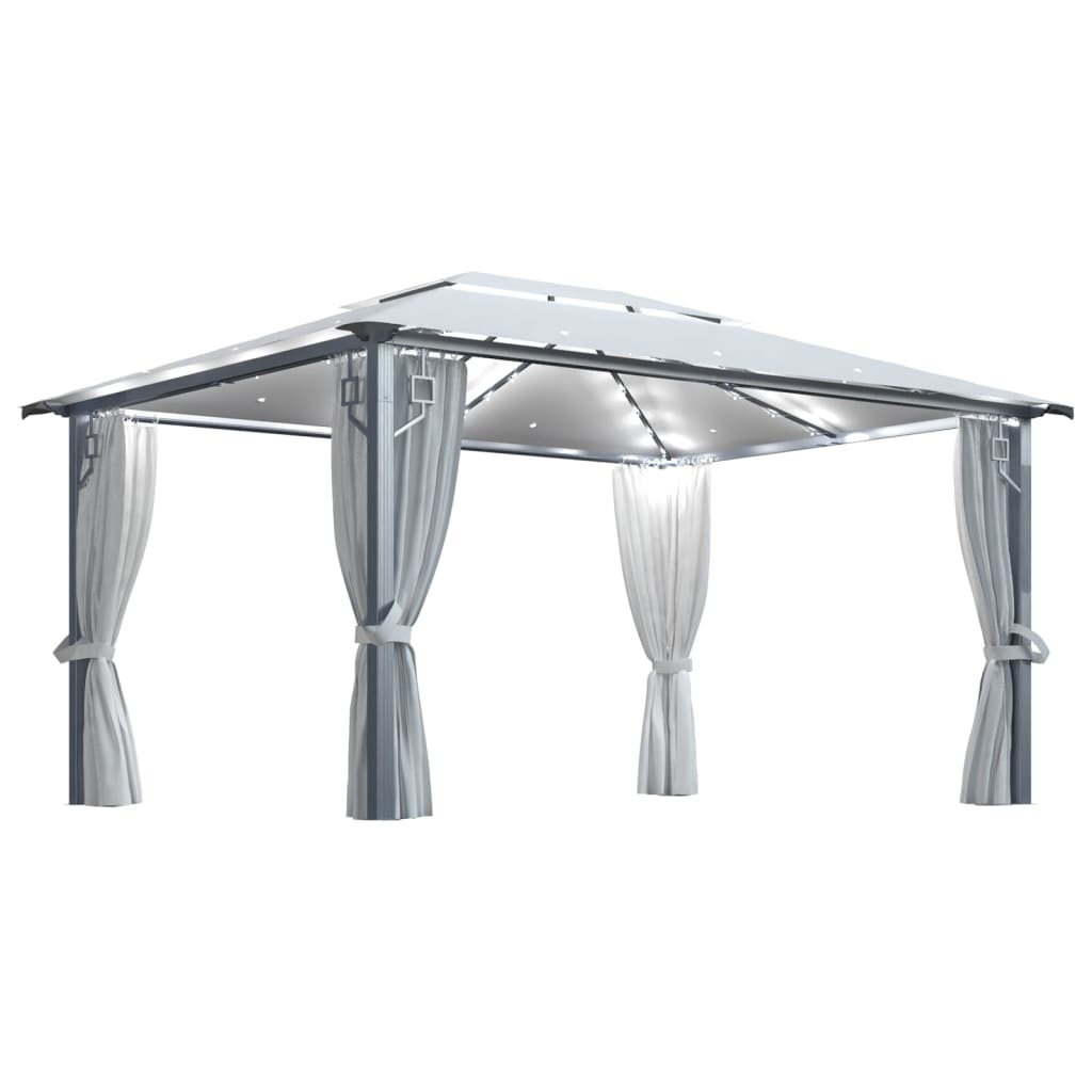 Pavillon mit Vorhängen & LED-Lichterkette 400x300 cm Creme Alu